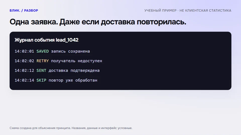 Одна заявка. Даже если доставка повторилась.